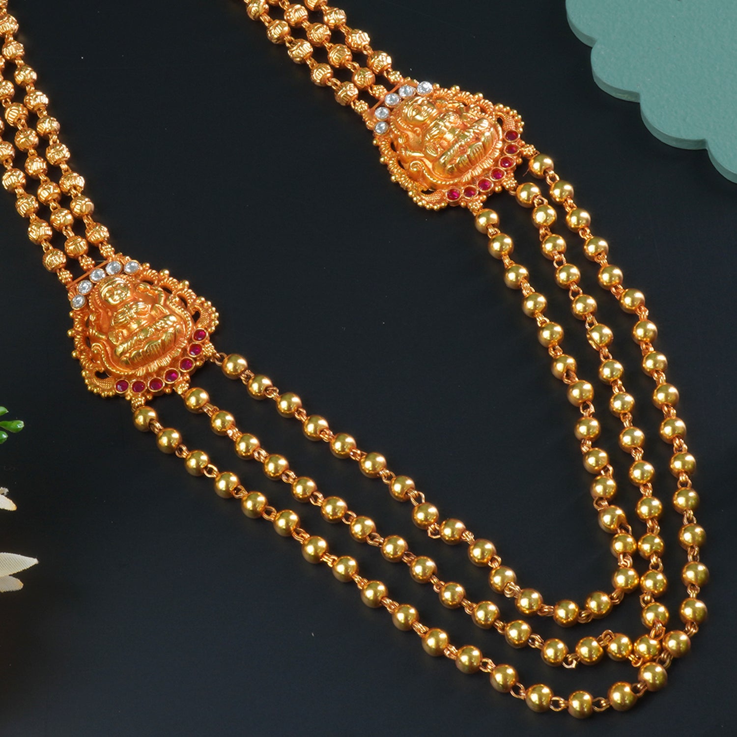 Pure Silver Gheru Finish Gold Plated 3 Layer Laxmi Long Necklace Design