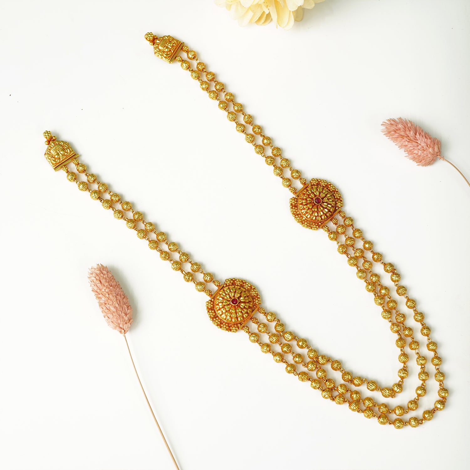 Pure Silver Gheru Finish Gold Plated 3 Layer Long Necklace Design