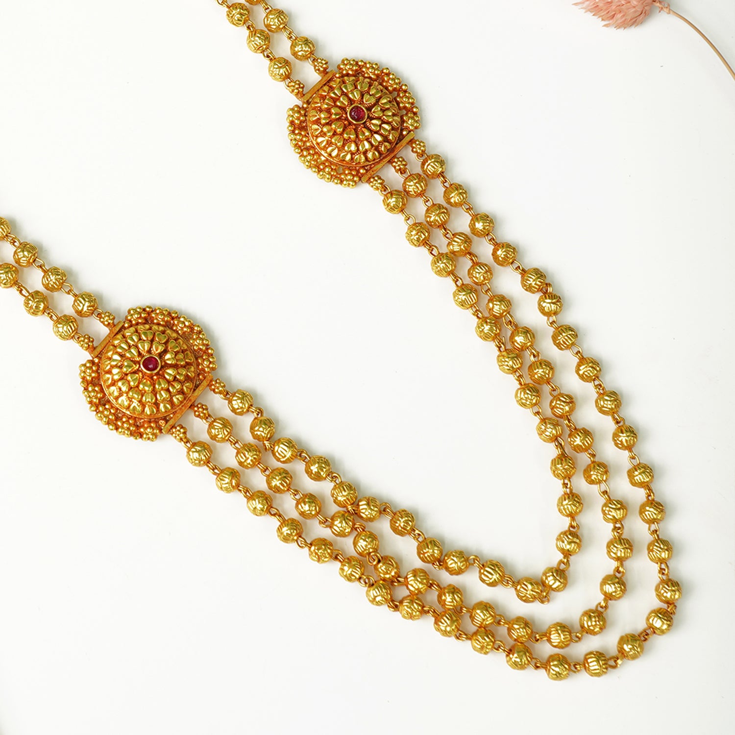 Pure Silver Gheru Finish Gold Plated 3 Layer Long Necklace Design