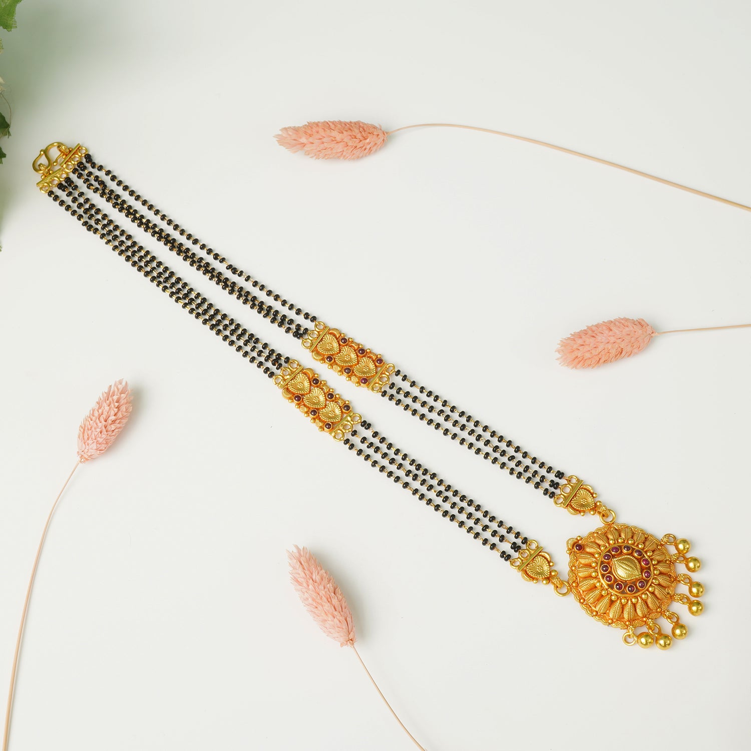 Pure 925 Silver Gheru Gold Plated Short Mangalsutra Design Circle Pendant