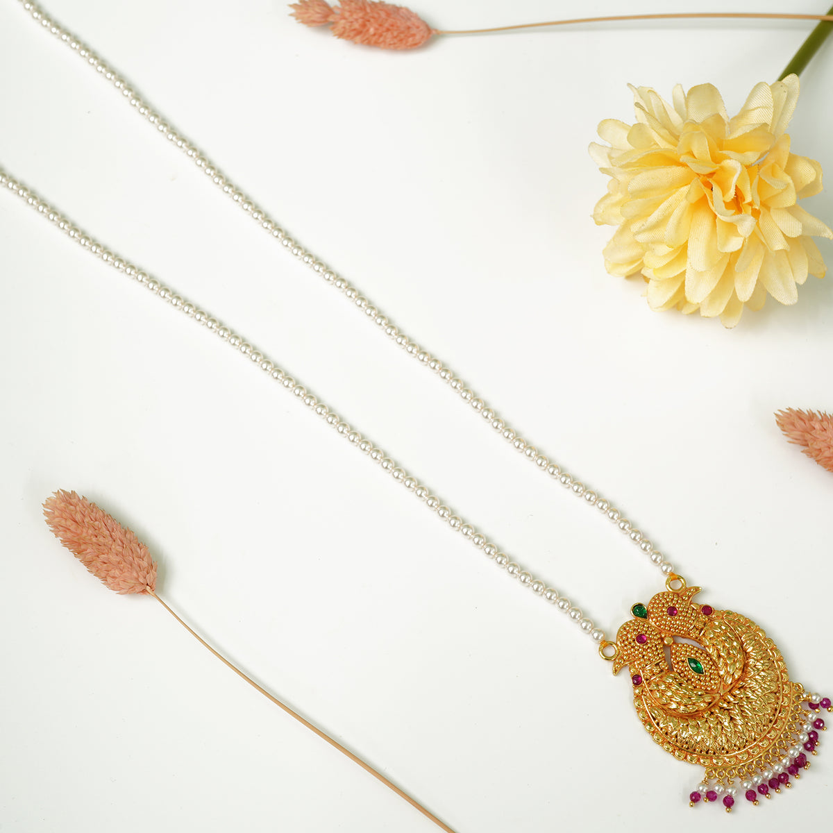 Pure Silver Pearl Mala With An Gold Look-a-like Pendant Gheru Finish