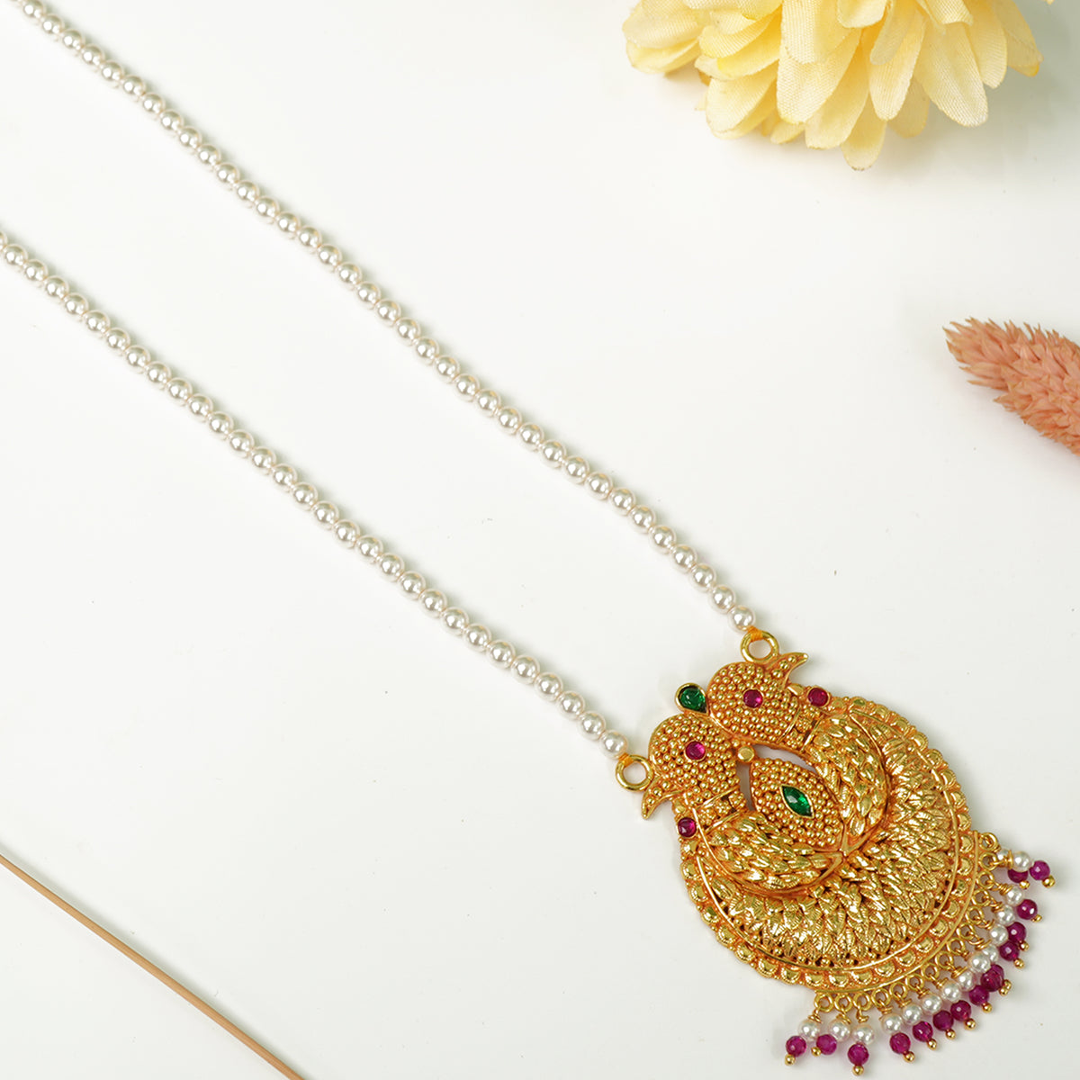 Pure Silver Pearl Mala With An Gold Look-a-like Pendant Gheru Finish