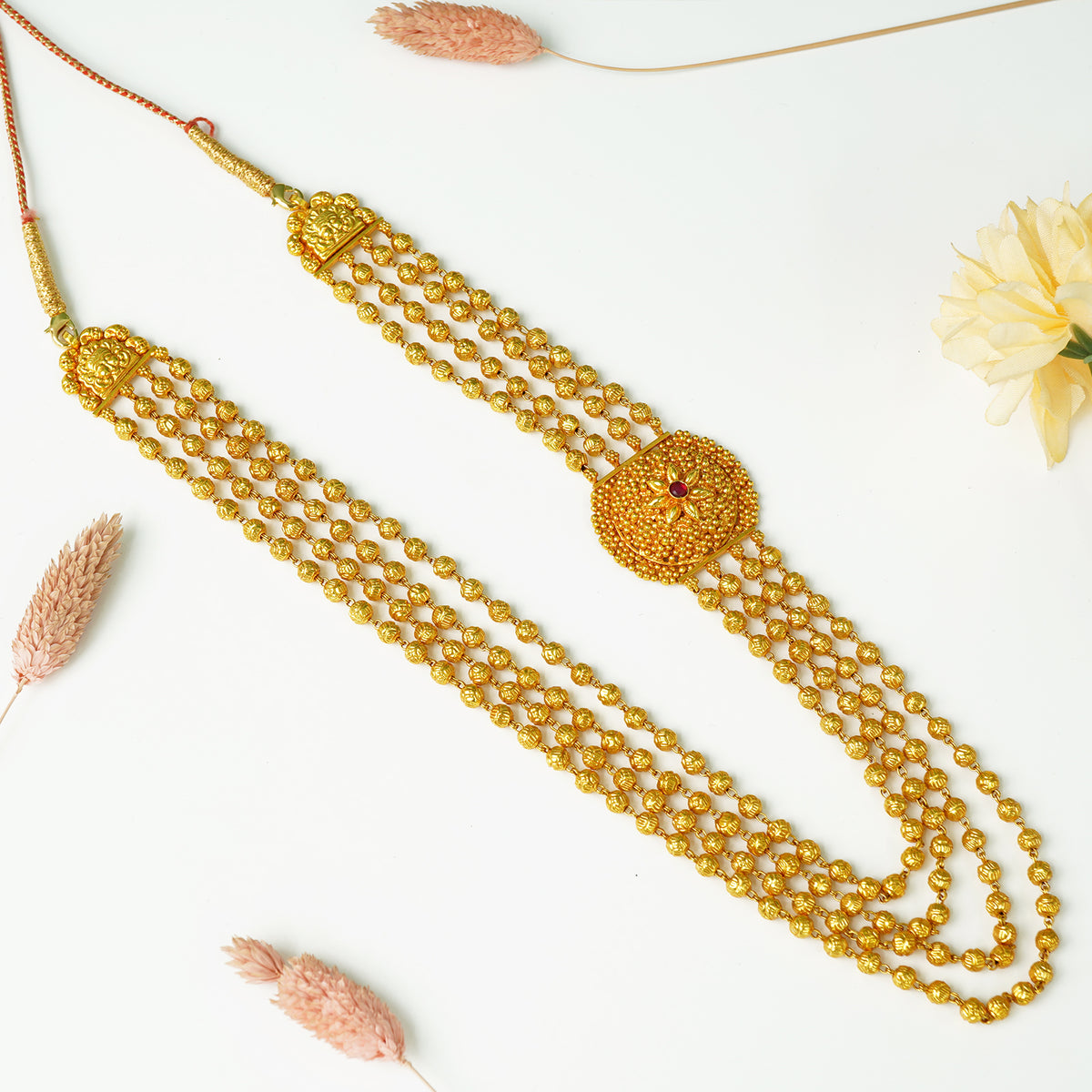 Pure 925 Silver 4 Layer Nakshi Mala Gheru Gold Plated