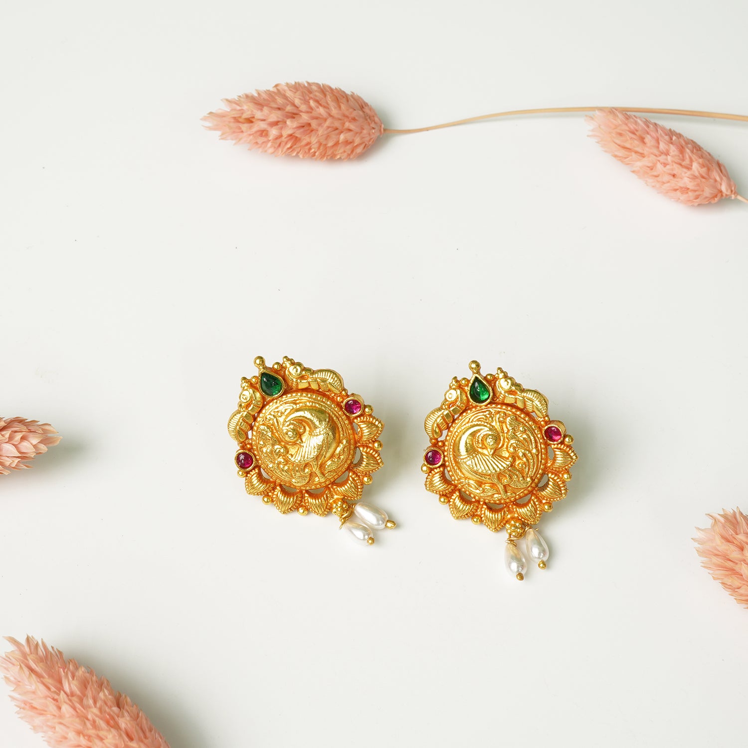 Gold Plated Gheru Finish Silver Peacock Earrings