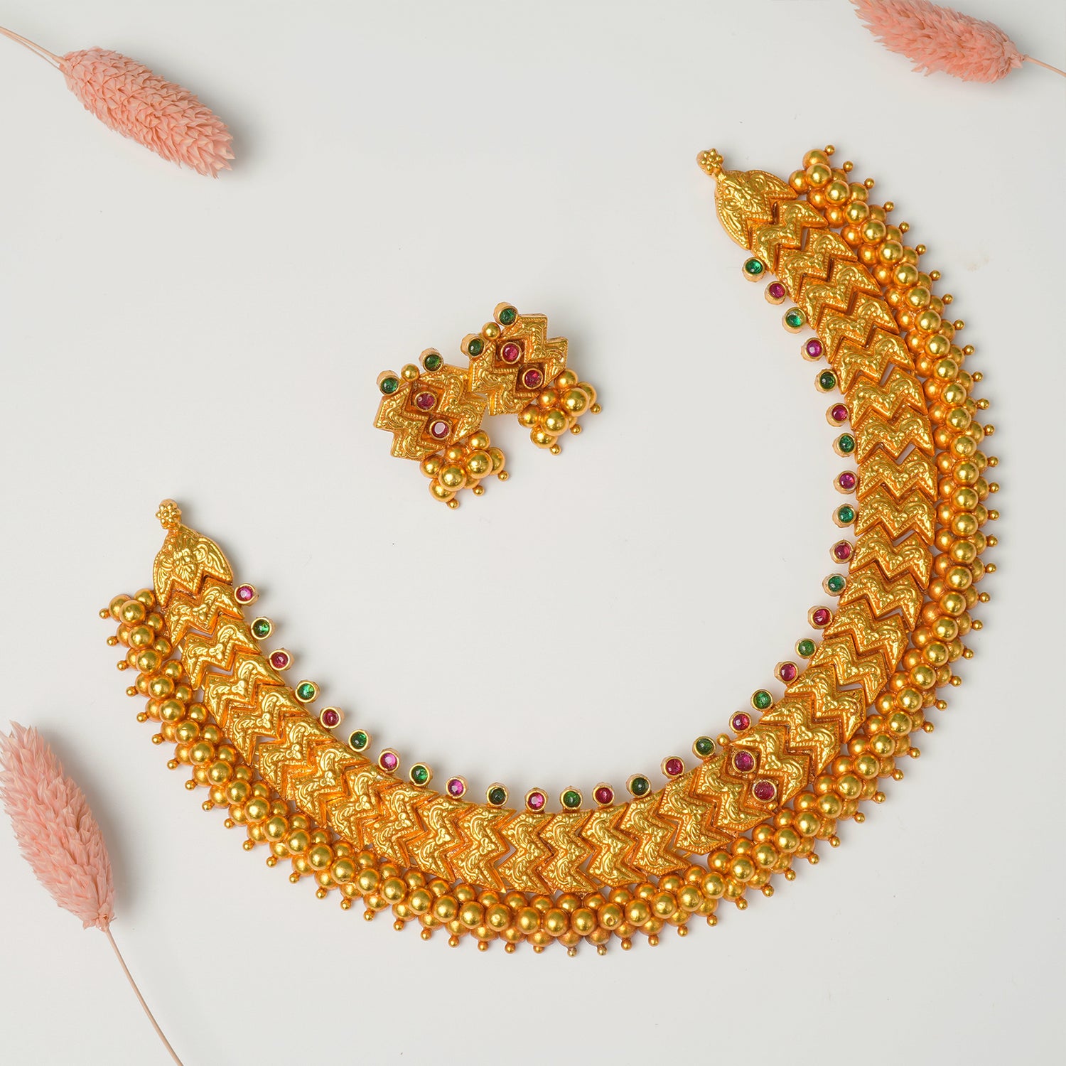 Pure 925 Silver Matt Gheru Gold Plated W Kolhapuri Thushi Necklace With Earrings