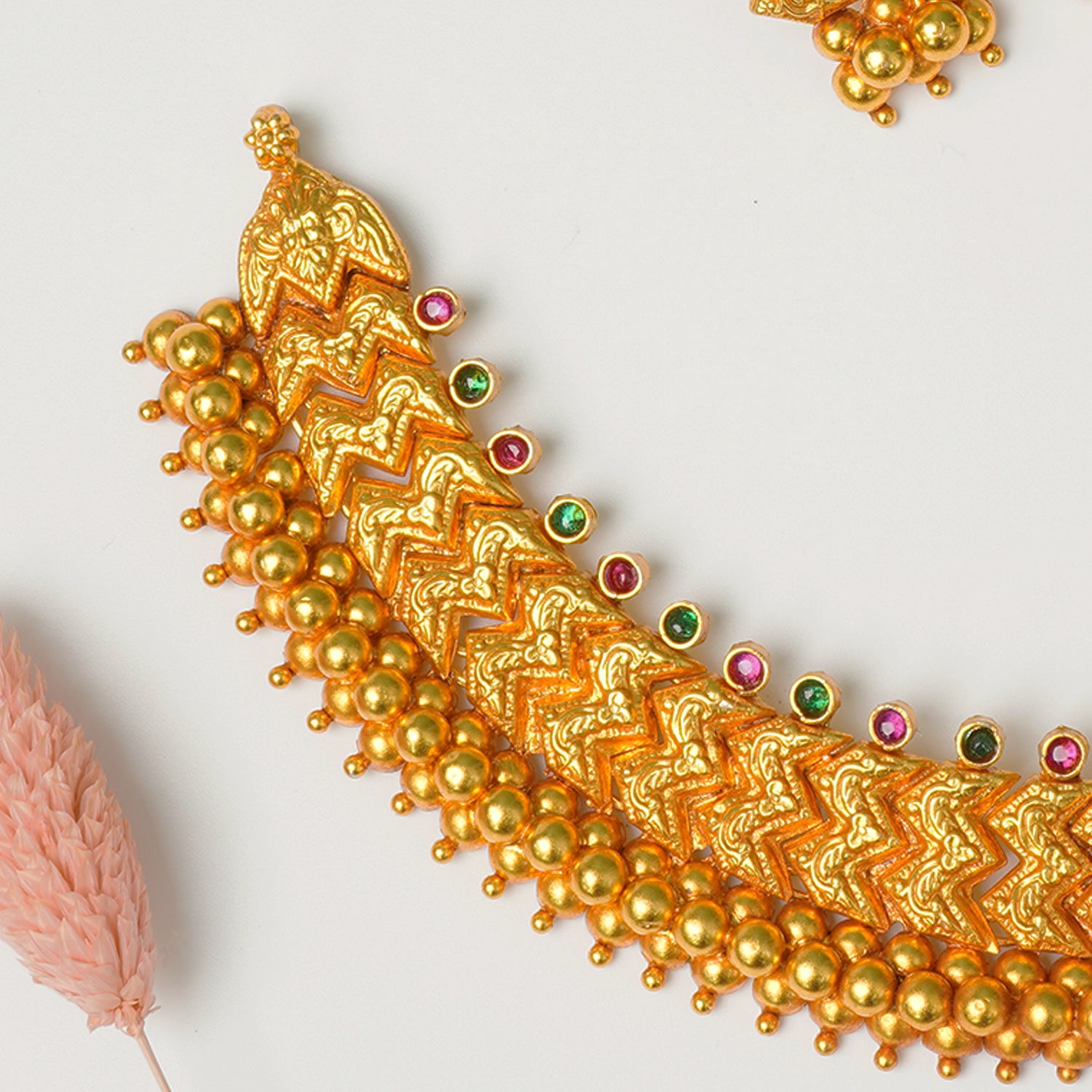 Pure 925 Silver Matt Gheru Gold Plated W Kolhapuri Thushi Necklace With Earrings