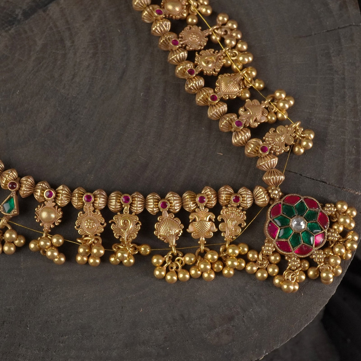 Gold Plated Maharashtrian Silver Kolhapuri Saaj with Jadau Kundan pendant