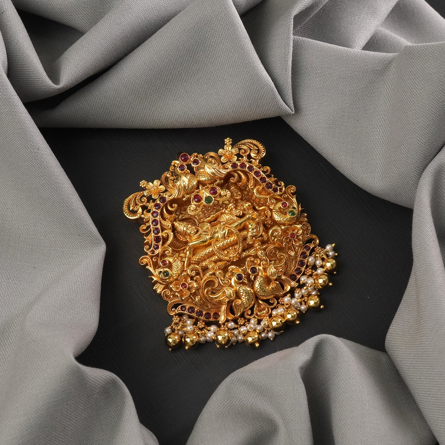 a look at gold plated silver nakashi necklace with peacock and vishnuji