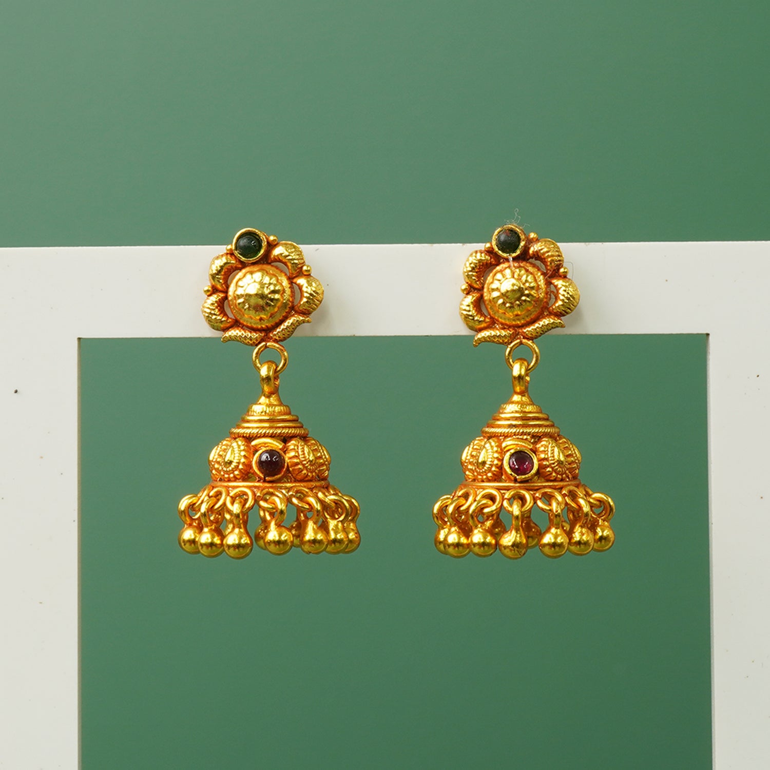 Lightweight Gold Plated Silver Jhumkas - Gold Replica Temple Design