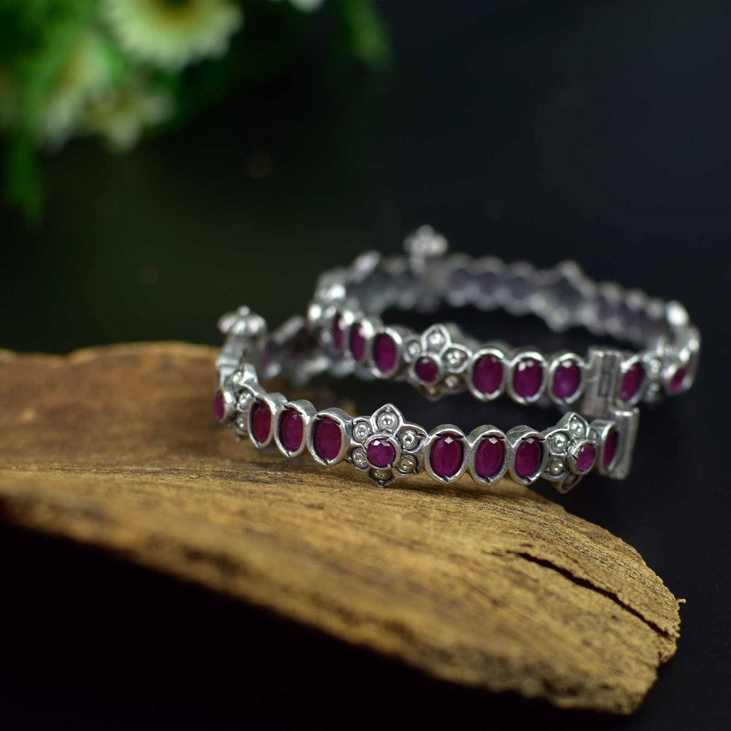 Silver Cut Stone Bangles Red (Pair)