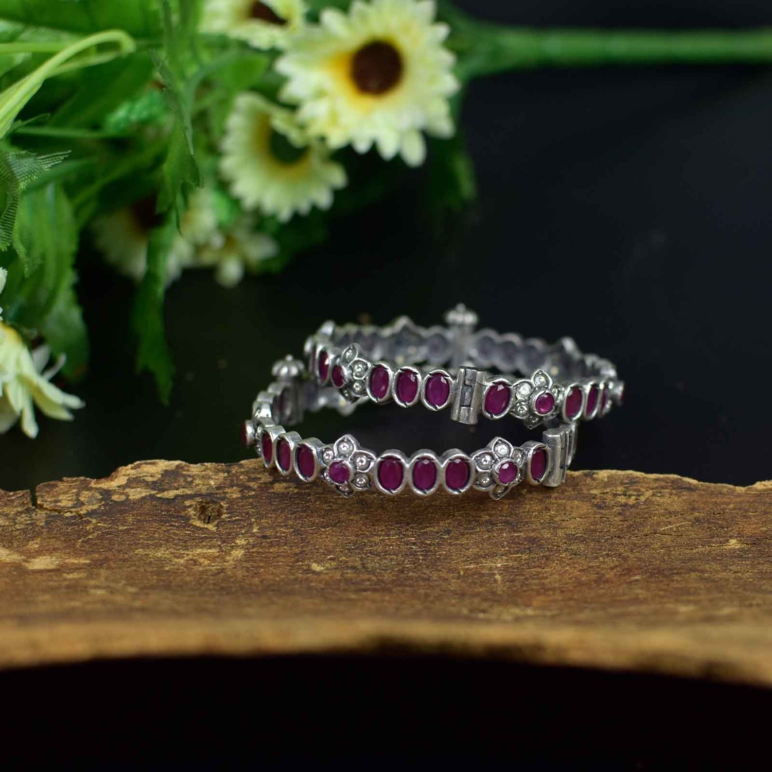 Silver Cut Stone Bangles Red (Pair)