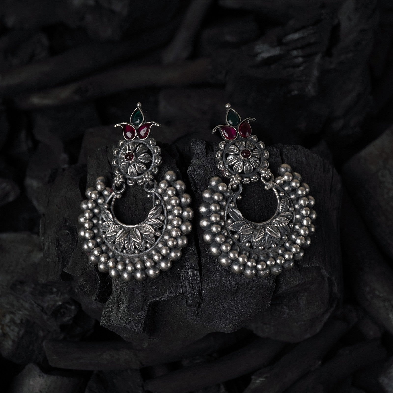 flower shaped silver jhumki