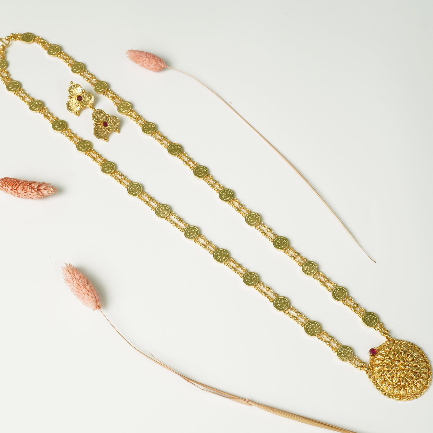 Pure 925 Silver Gold Plated Laxmi Haar Necklace With Earrings