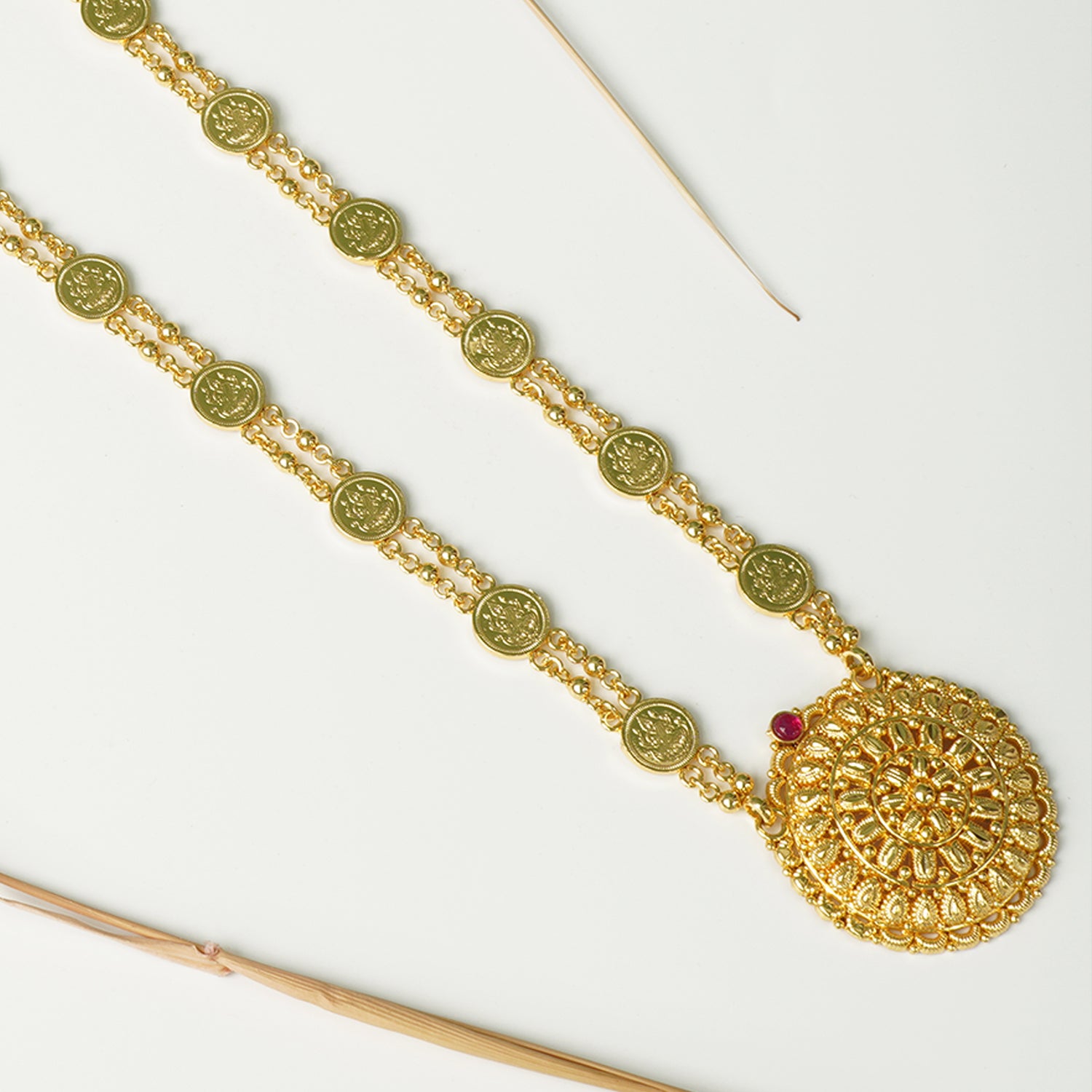 Pure 925 Silver Gold Plated Laxmi Haar Necklace With Earrings