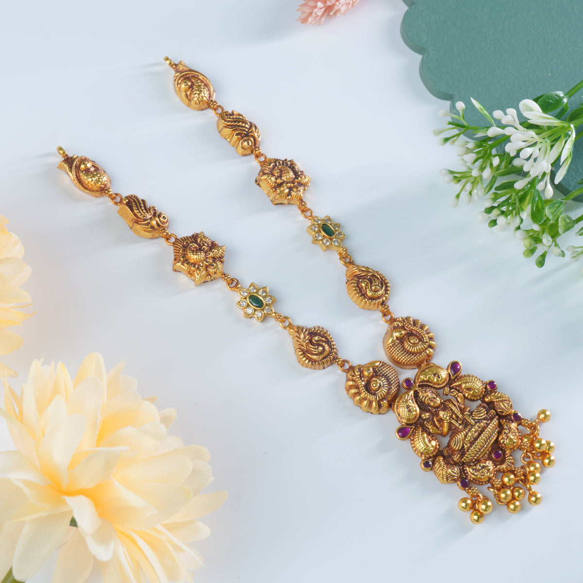 shop gold plated silver necklace design with laxmi and peacock imprints