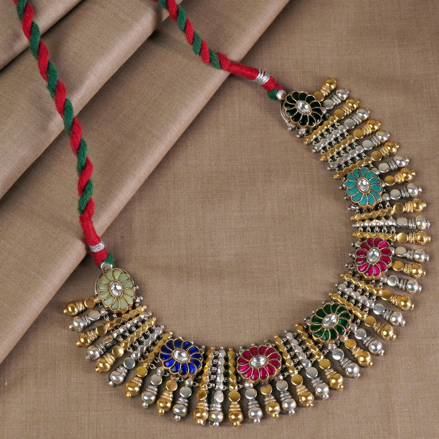 Dual Tone Tribal Finish Jadau Kundan Necklace