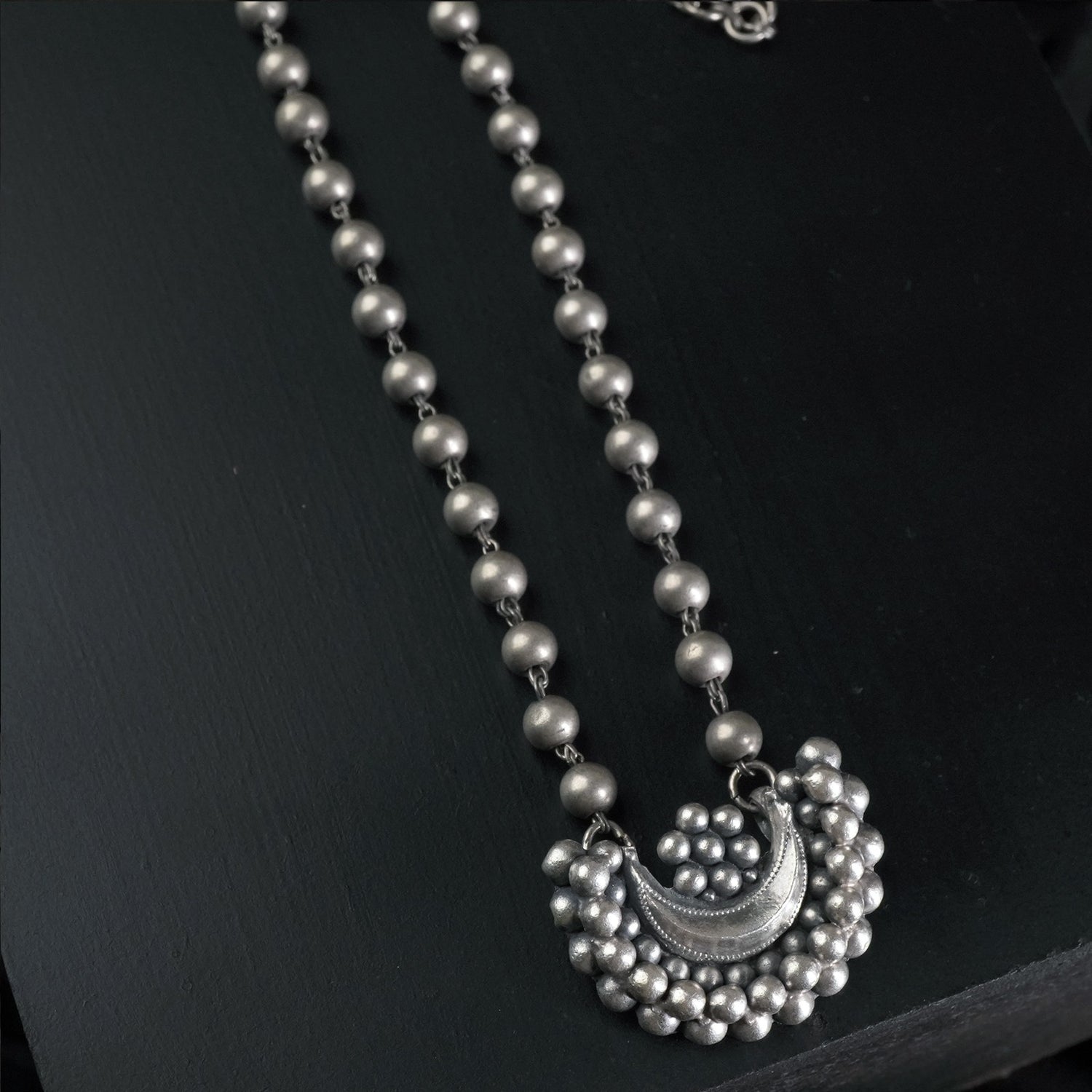 Long Silver Chain Necklace With Chand Kudi Pendant