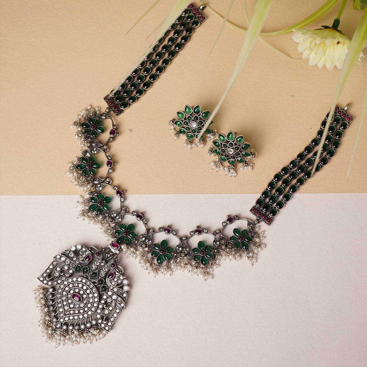 silver necklace set green