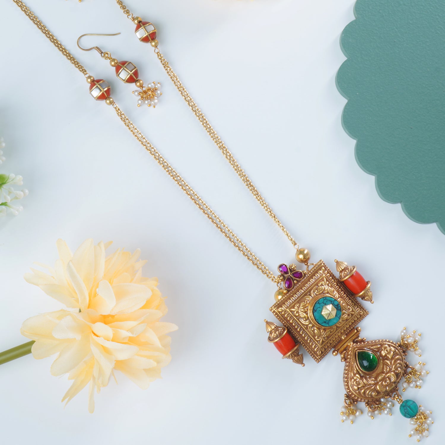 Long Antique Matt Gold Plated 92.5 Silver Necklace With Earrings