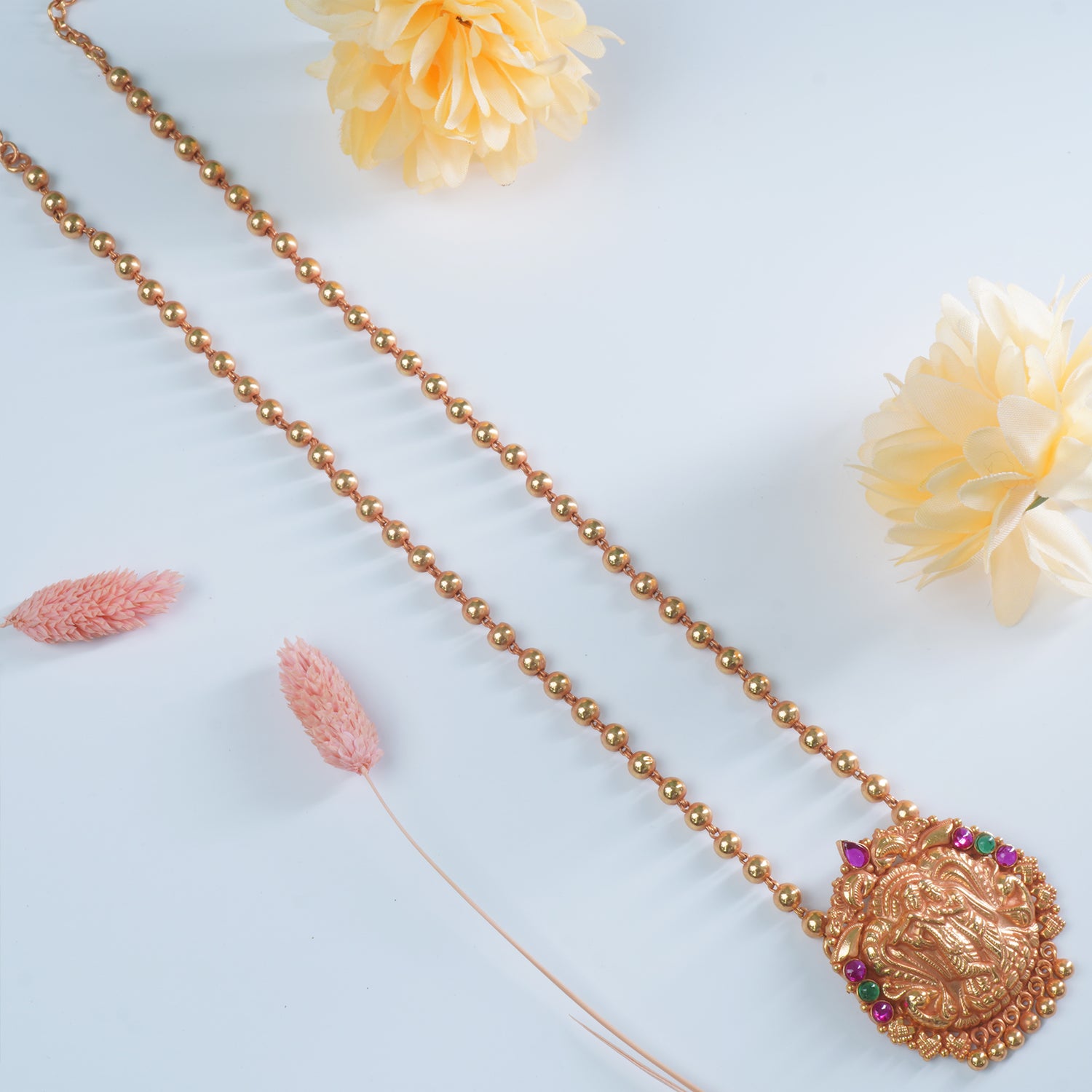 Silver Gold Plated Gheru Finish Long Silver Necklace With Krishna Pendant