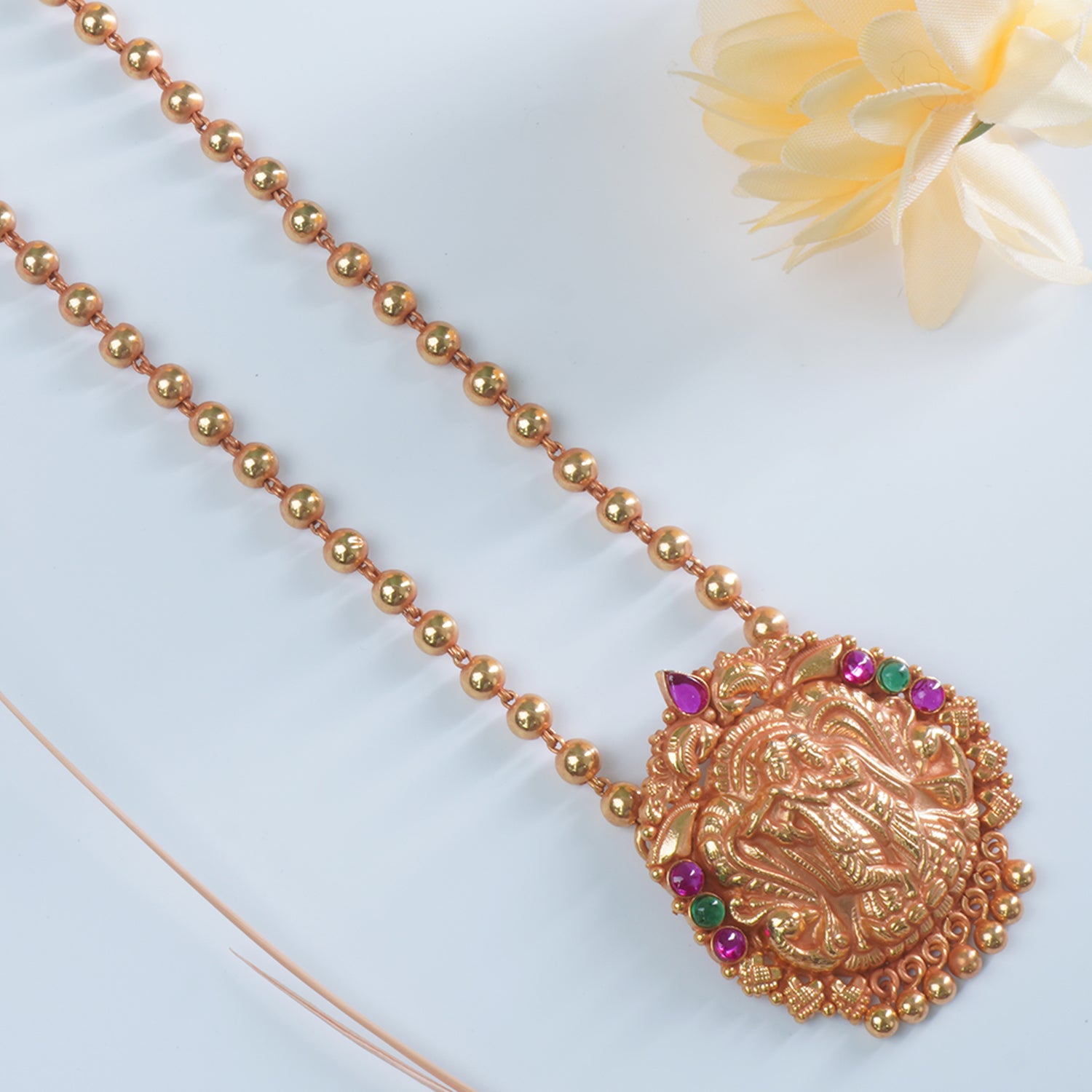 Silver Gold Plated Gheru Finish Long Silver Necklace With Krishna Pendant