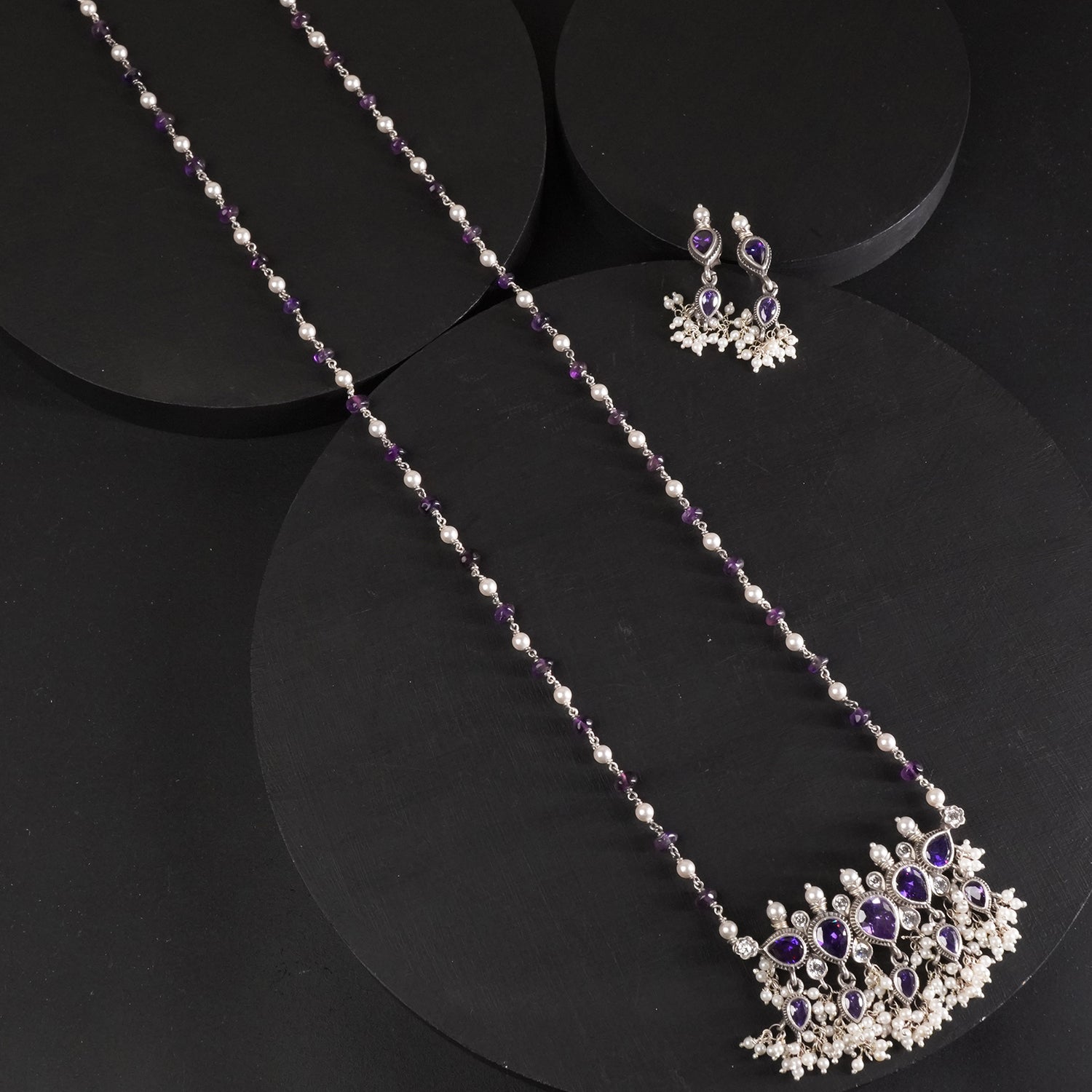 Silver Amethyst Tanmani With Amethyst Pearl Chain