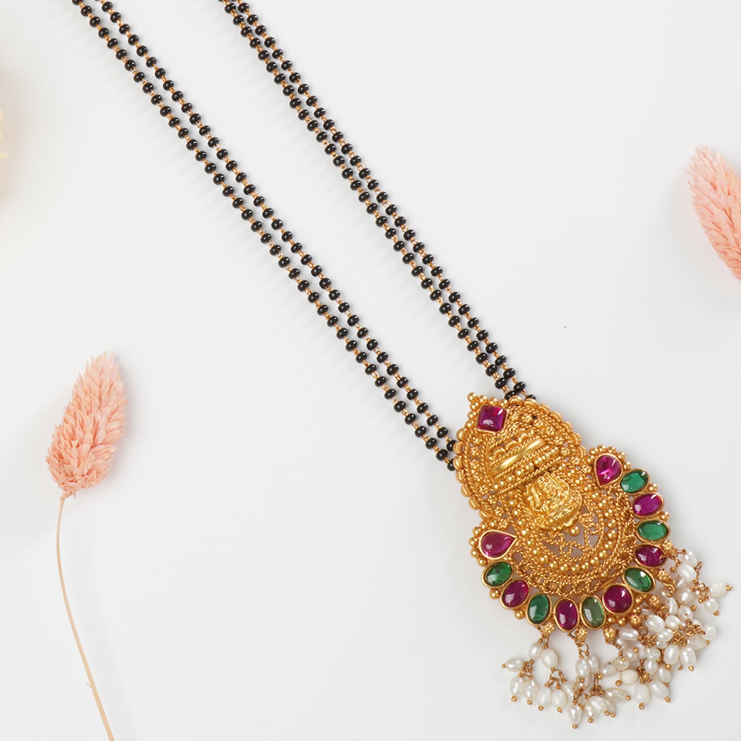 Pure silver gold plated mangalsutra design with handmade pearl studded and kemp decorated silver pendant