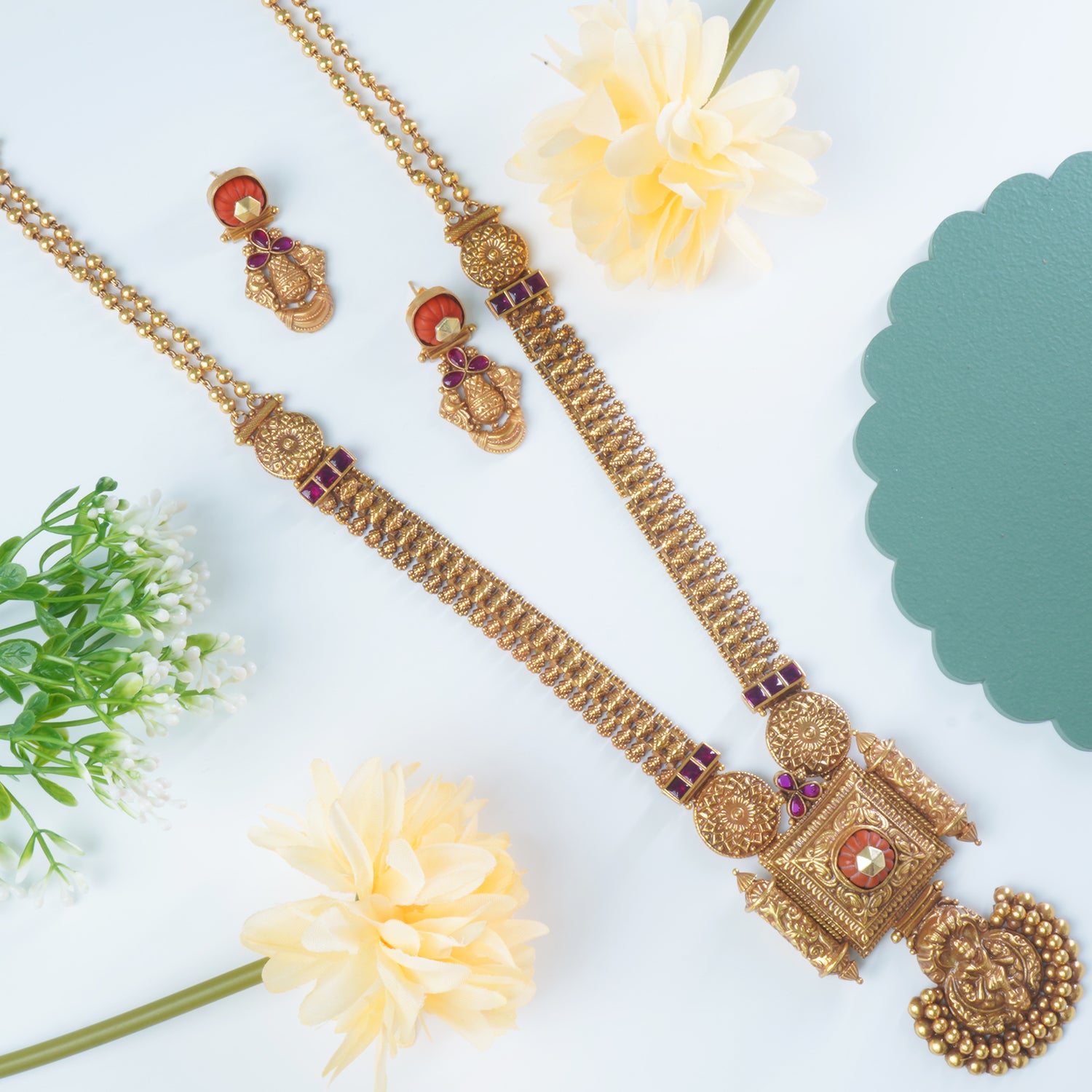 Long Silver Necklace Antique Matt Gold Plated With Earrings