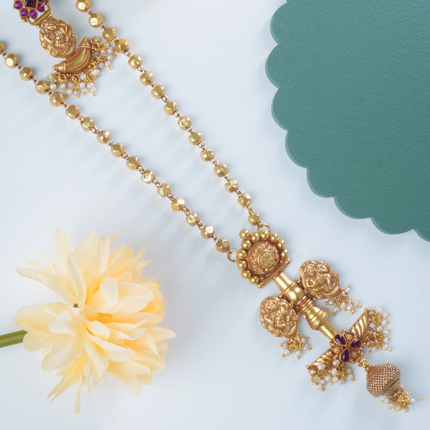 Shop Gold Plated Long Silver Necklace Design In Kanthi Beads With Matching Earrings