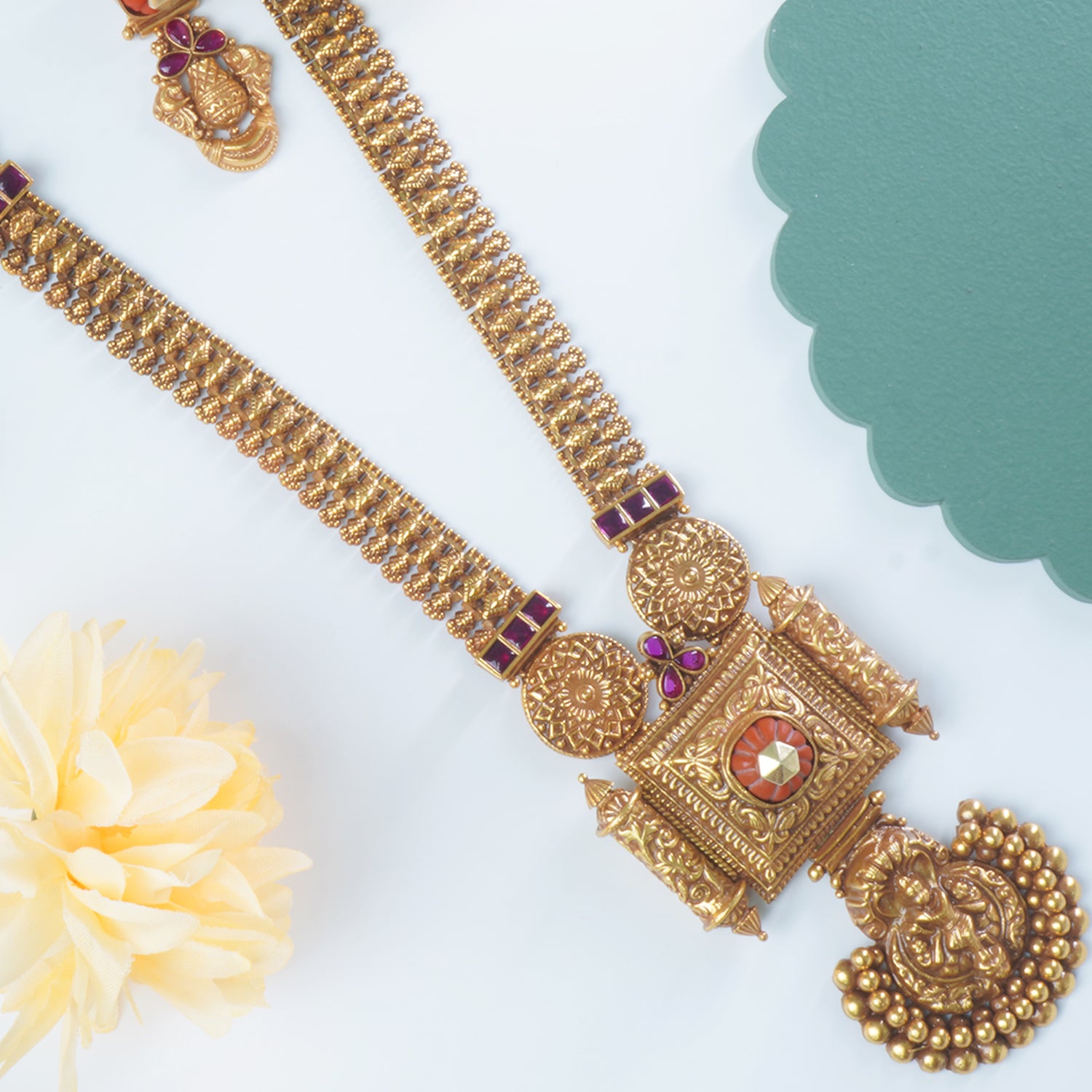 Long Silver Necklace Antique Matt Gold Plated With Earrings