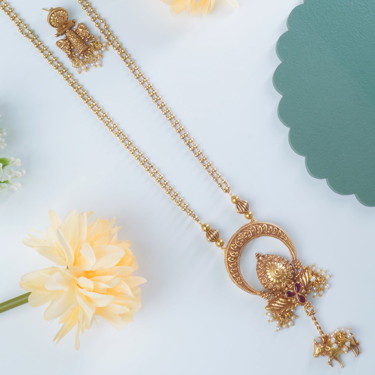 Long  Antique Matt Gold Plated Silver Necklace With Earrings