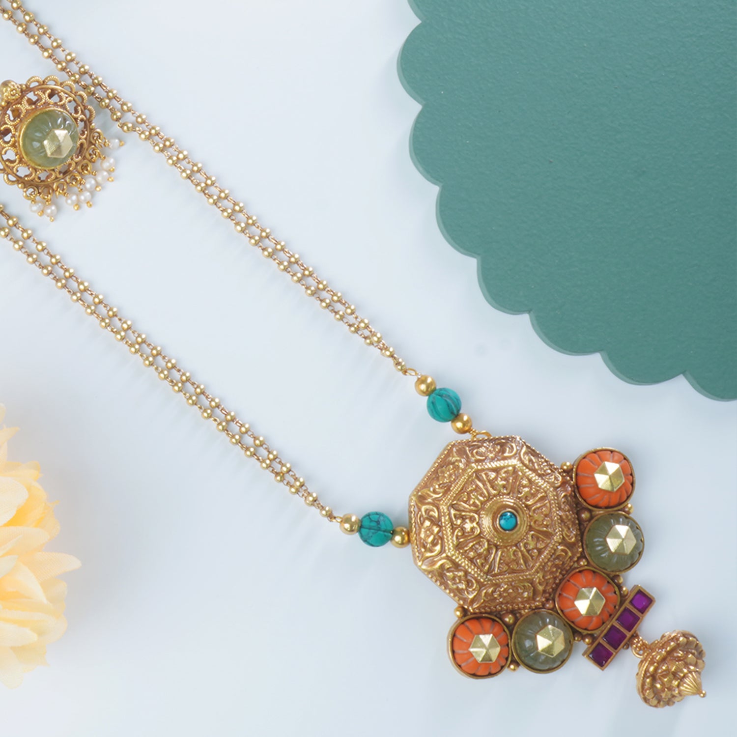 Long Antique Matt Gold Plated 92.5 Silver Necklace With Earrings