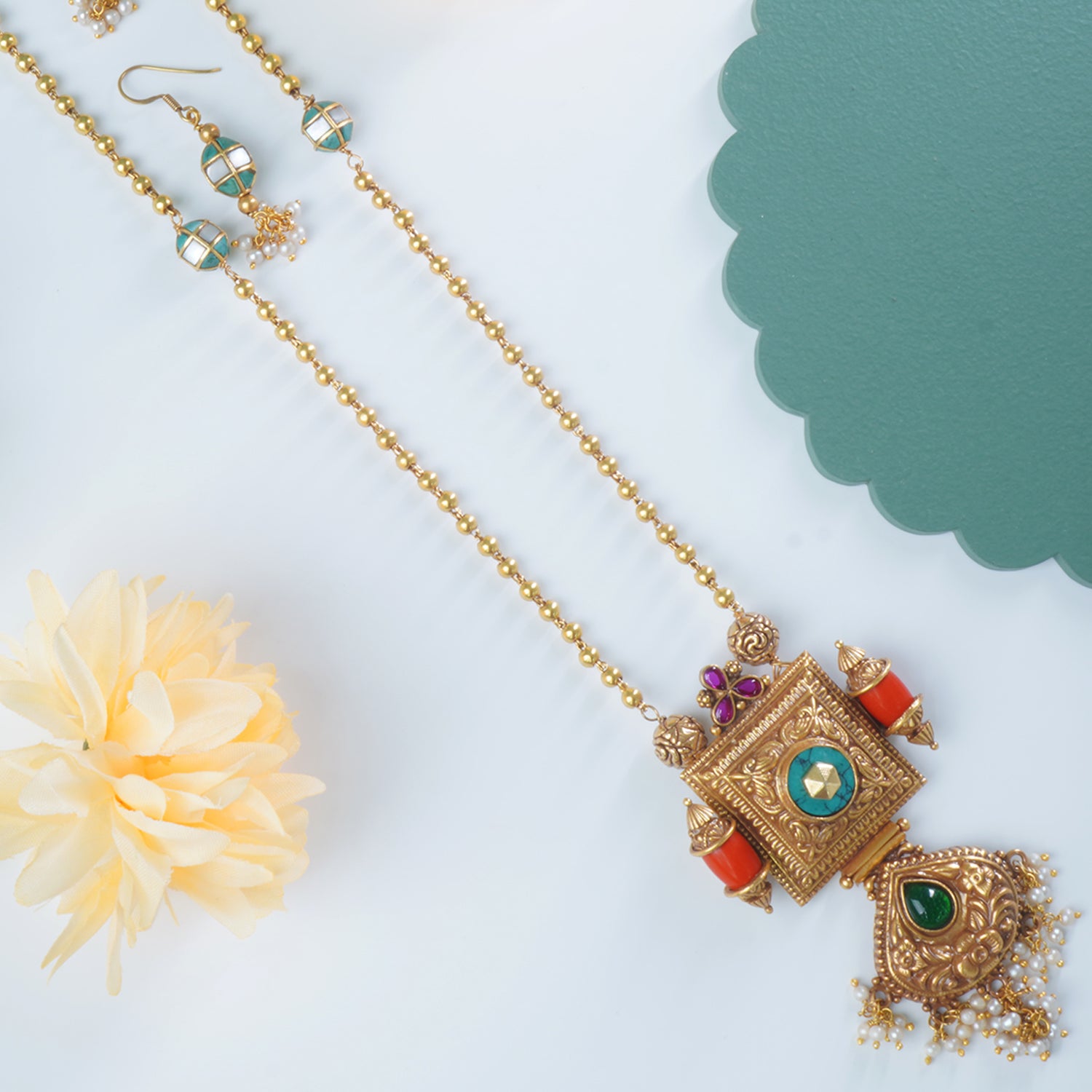 Shop Online Long Antique Matt Gold Plated 92.5 Silver Necklace With Earrings