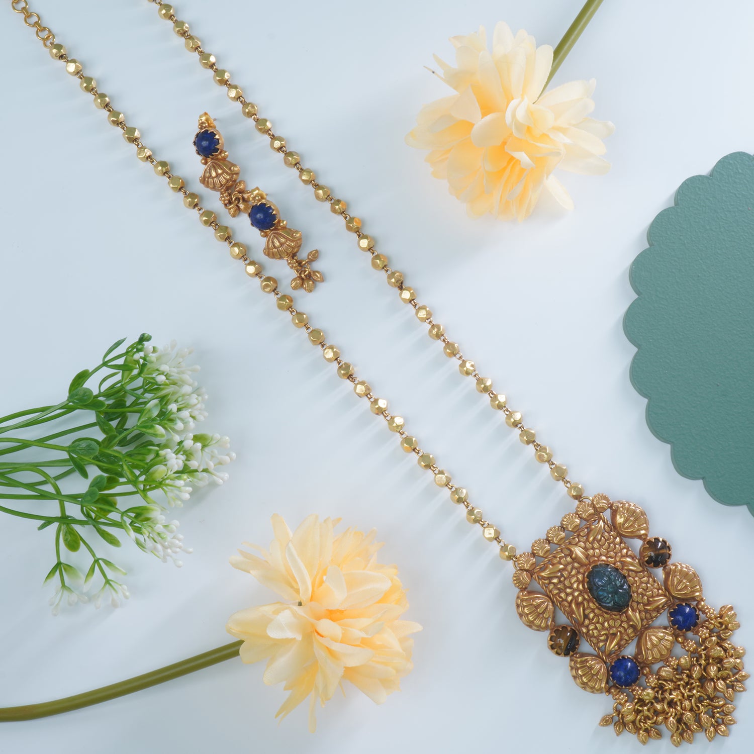 Shop Long Antique Matt Gold Plated 92.5 Silver Necklace Design With Earrings