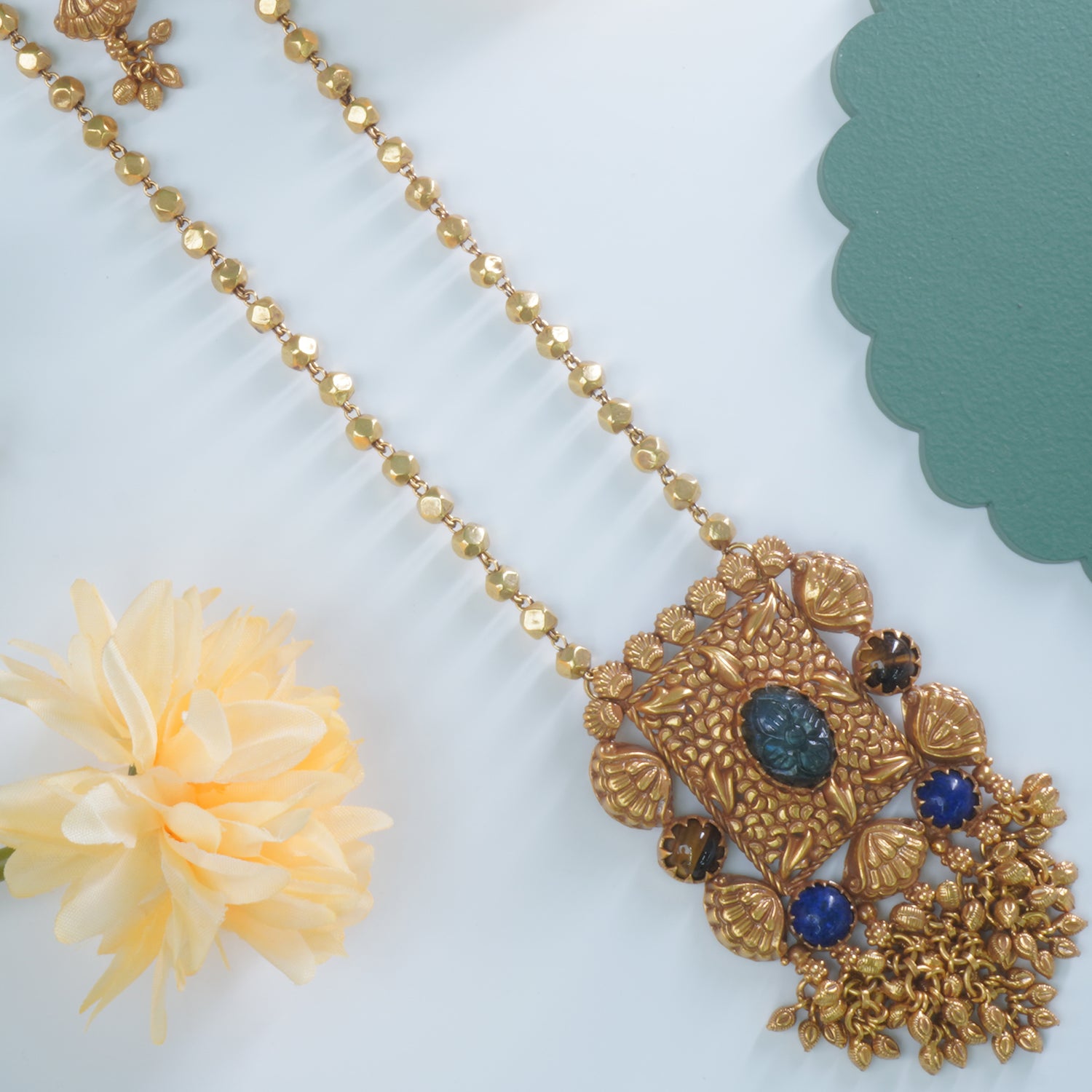 Shop Long Antique Matt Gold Plated 92.5 Silver Necklace Design With Earrings