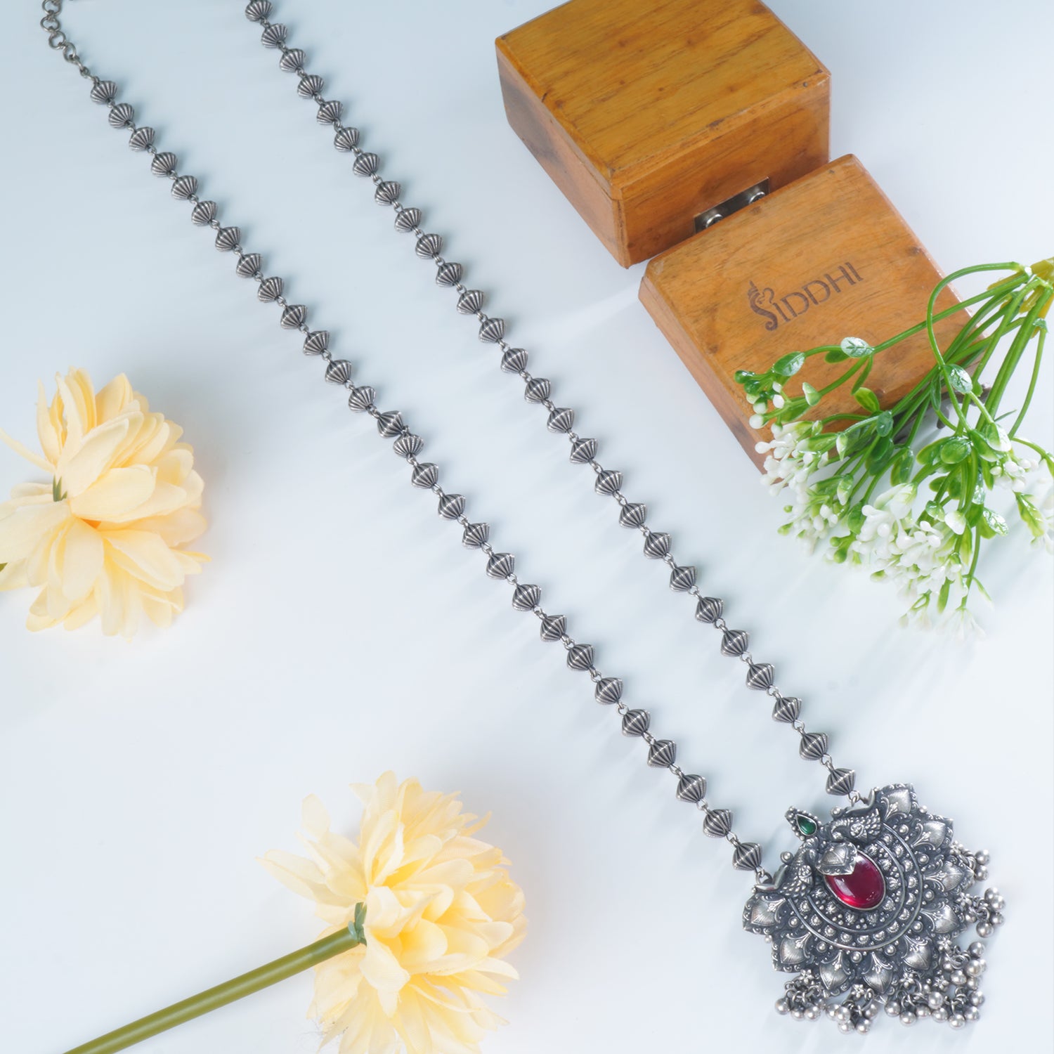 Enchanting Long Silver Necklace Design With Handmade Silver Pendant