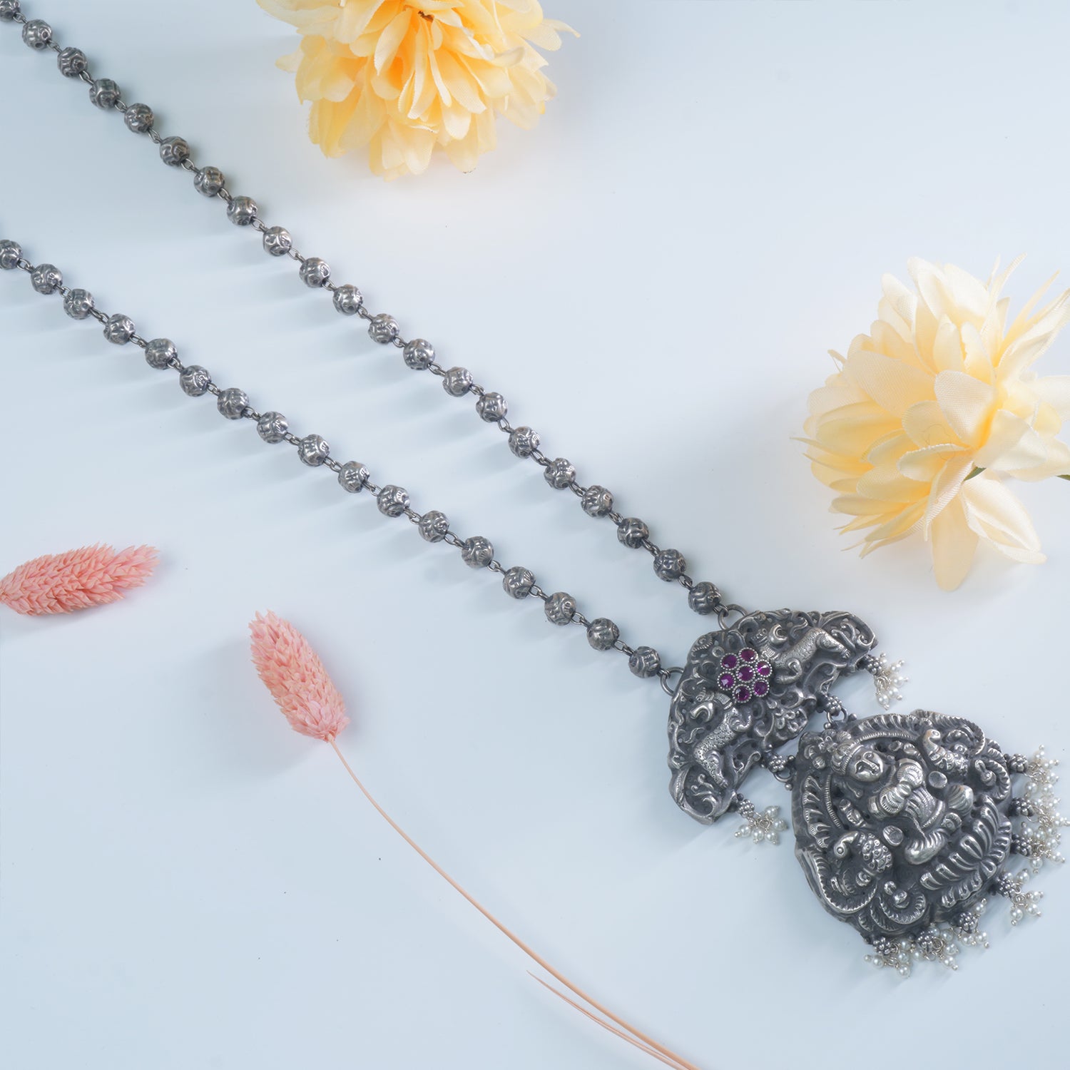 Pure 925 Silver Long Necklace Design With Hand Nakash Pendant