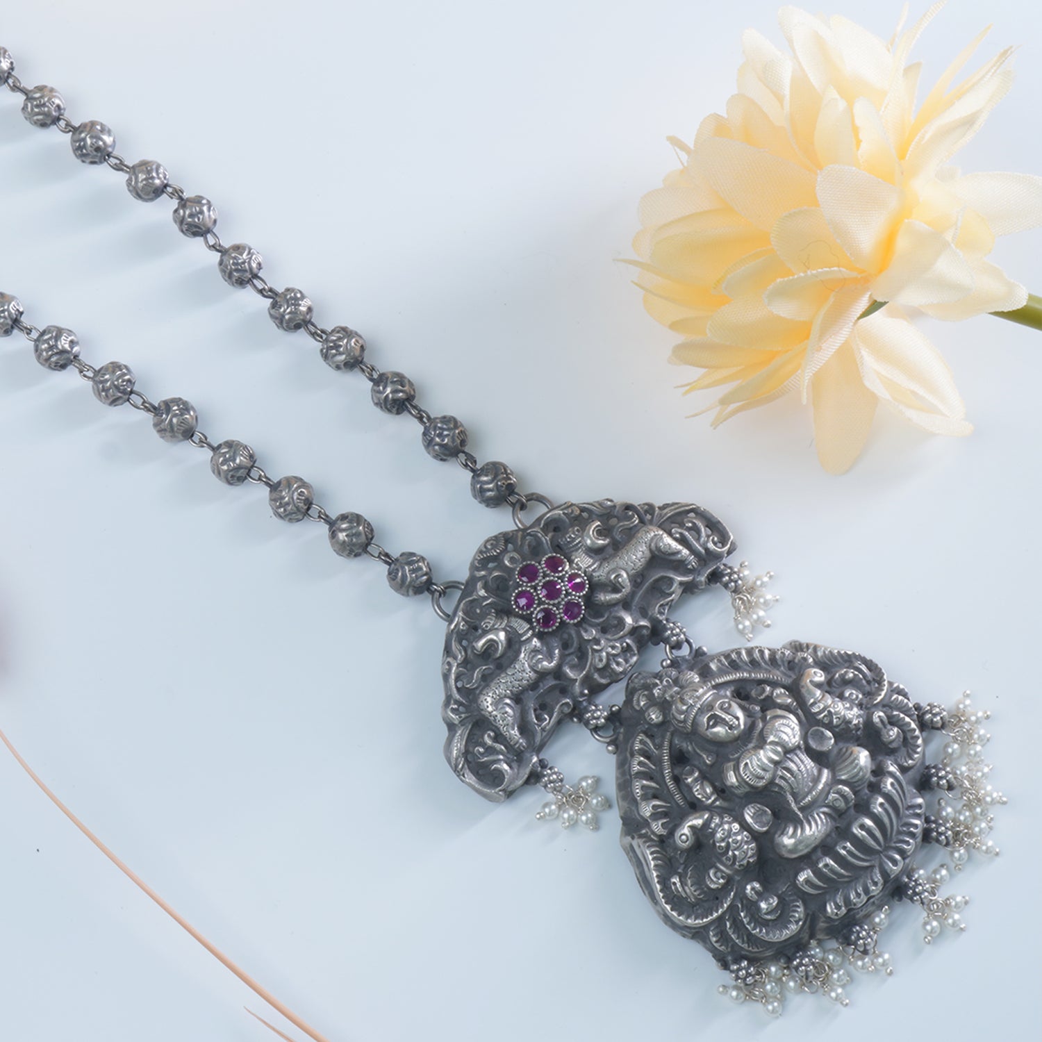 Pure 925 Silver Long Necklace Design With Hand Nakash Pendant