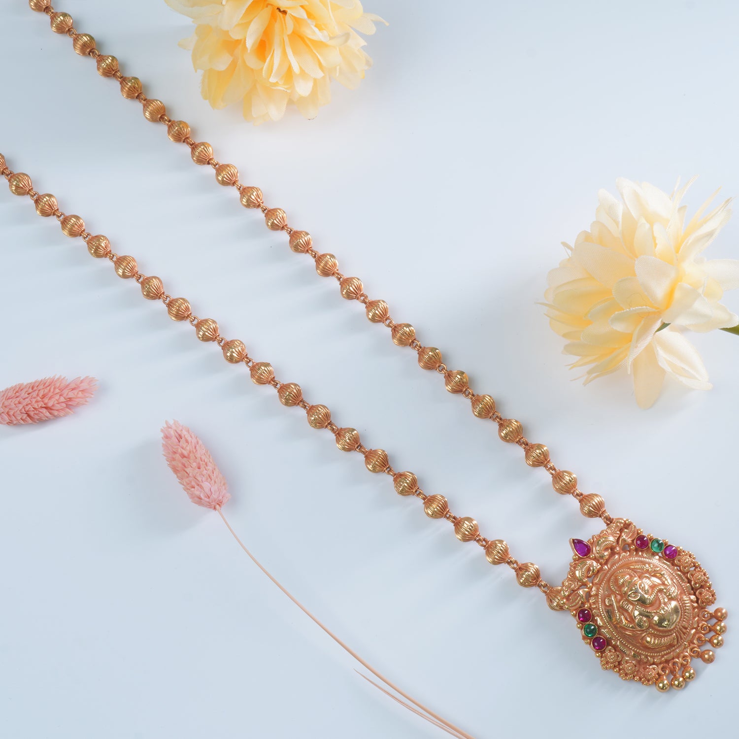 Silver Gold Plated Gheru Finish Long Silver Necklace With Ganesha Pendant