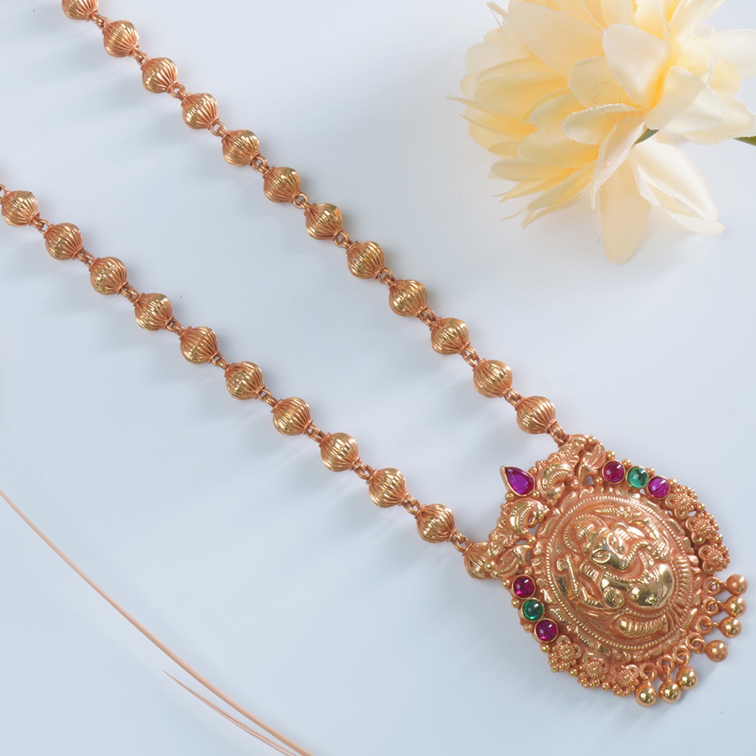 Silver Gold Plated Gheru Finish Long Silver Necklace With Ganesha Pendant