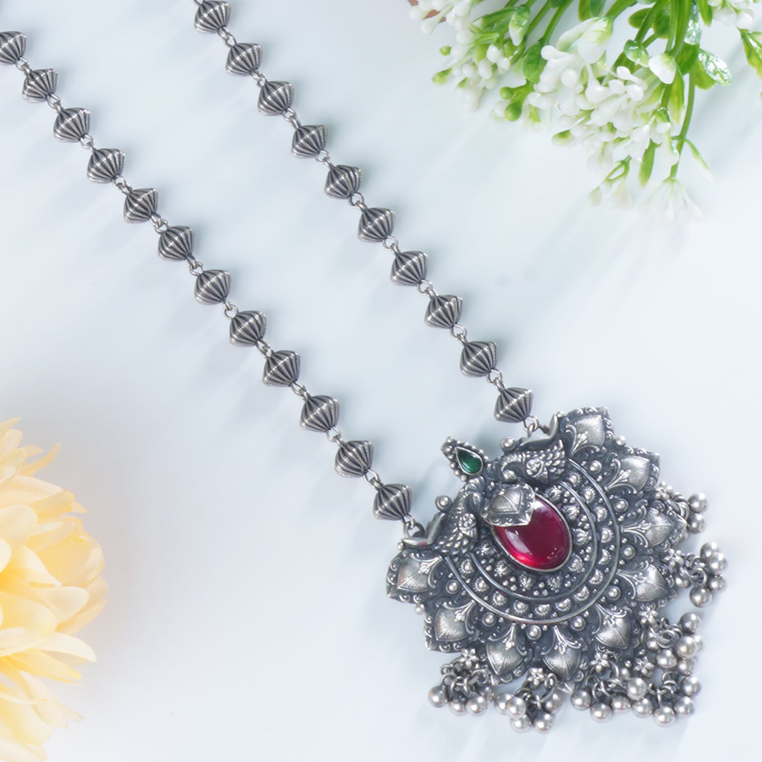 Enchanting Long Silver Necklace Design With Handmade Silver Pendant