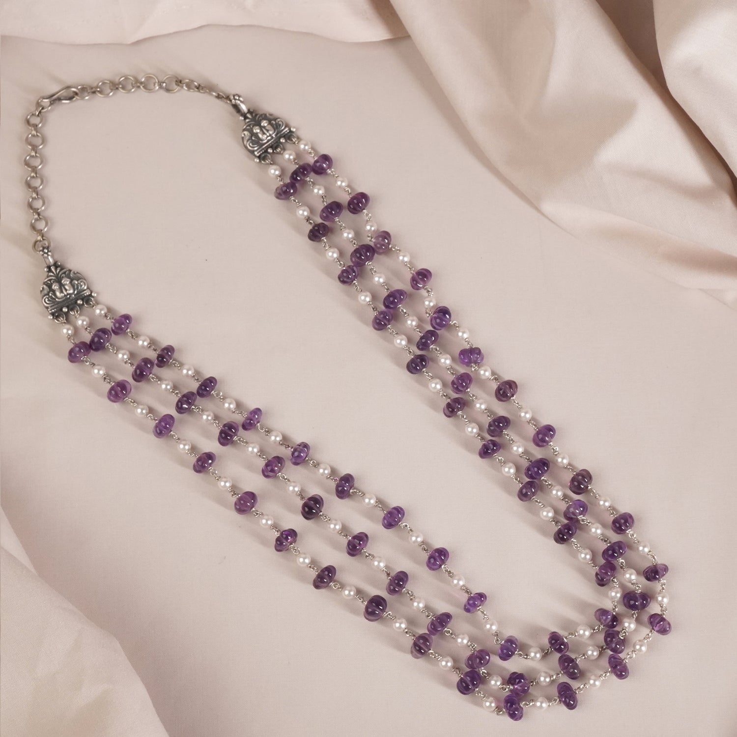Pearl Silver Strawberry Amethyst Beads Necklace Design In 3 Layers