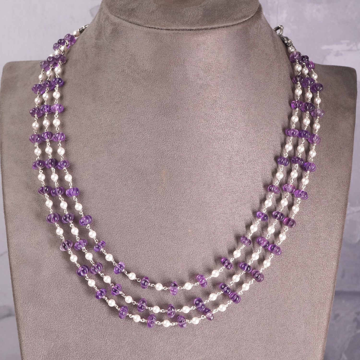 Pearl Silver Strawberry Amethyst Beads Necklace Design In 3 Layers