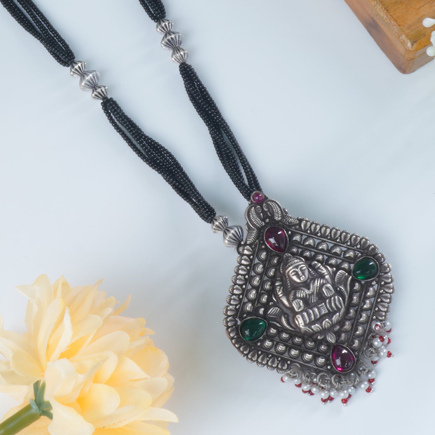 Black Beads Silver Mangalsutra Design With HandCarved Pendants