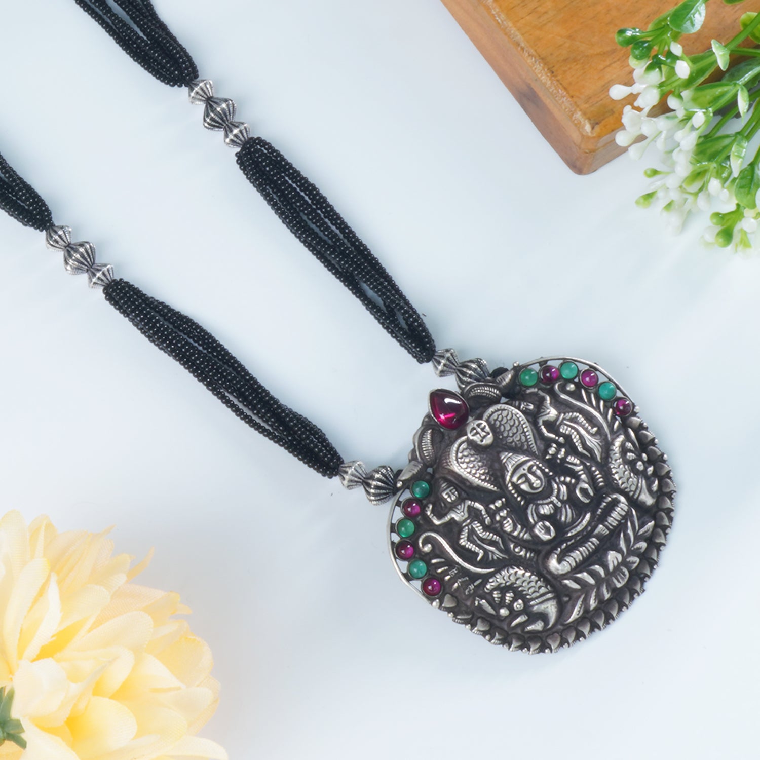 Black Beads Silver Mangalsutra Design With HandCarved Pendant