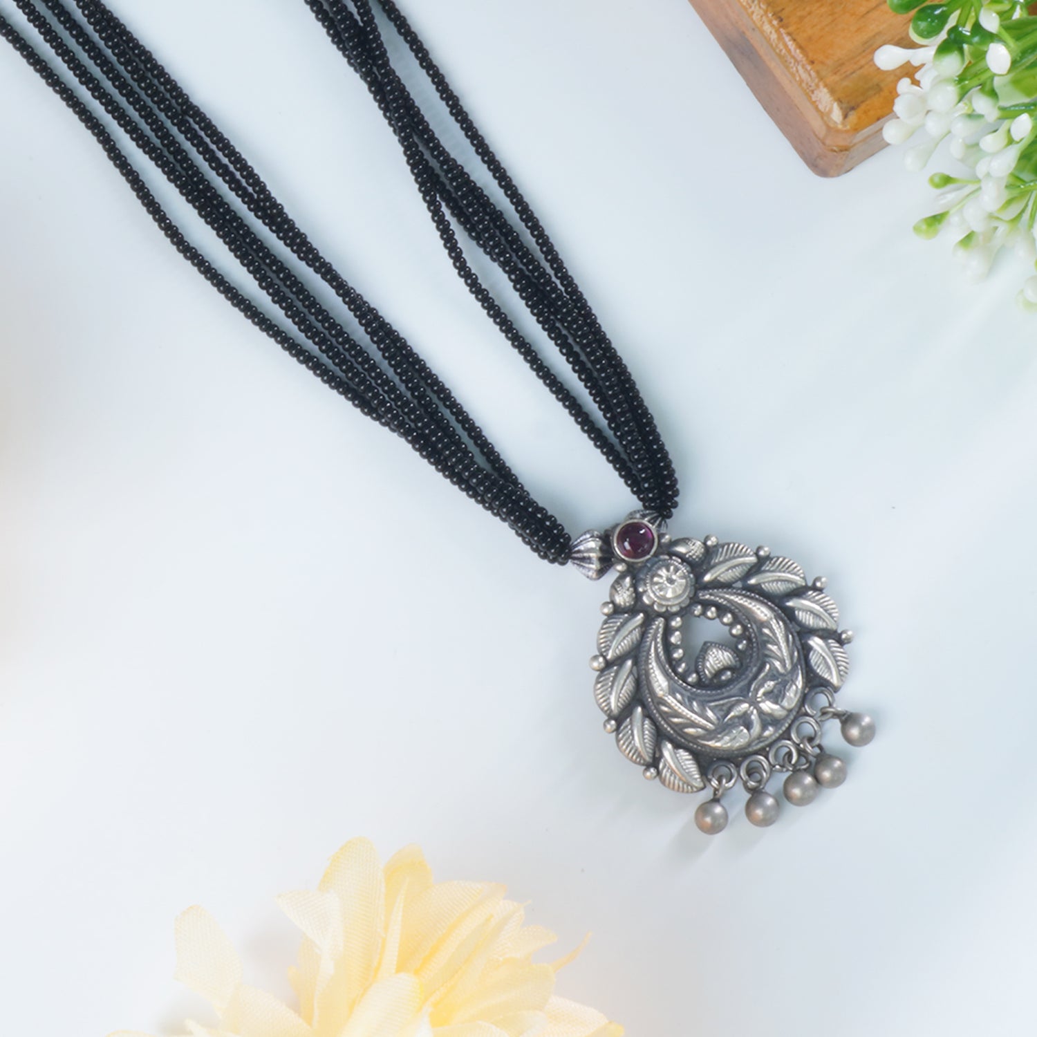 Buy Black Beads Silver Mangalsutra Design With Chandrakor Pendant