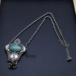 Silver long chain blue necklace