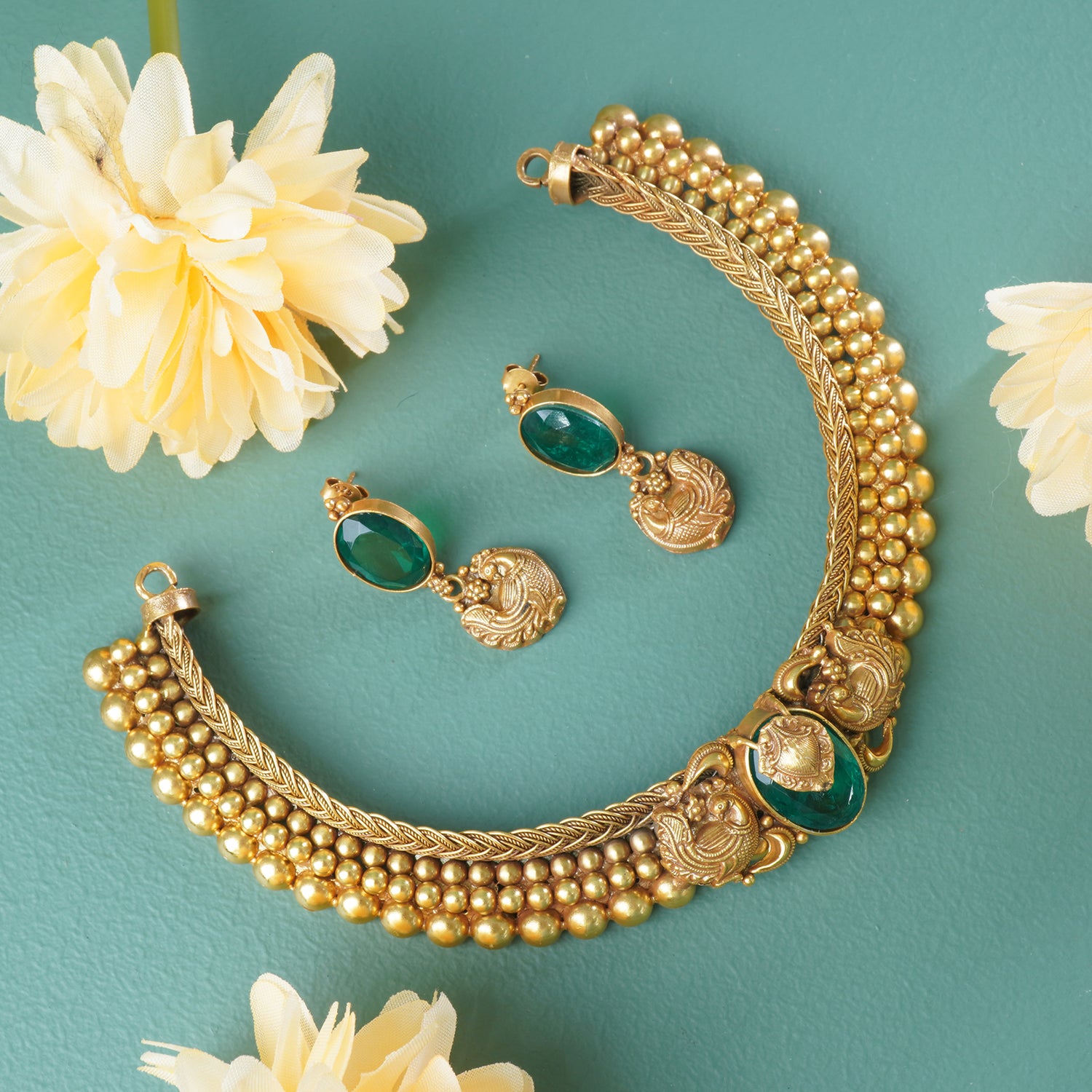 Antique Gold Plated Silver Kolhapuri Necklace With Green Stone