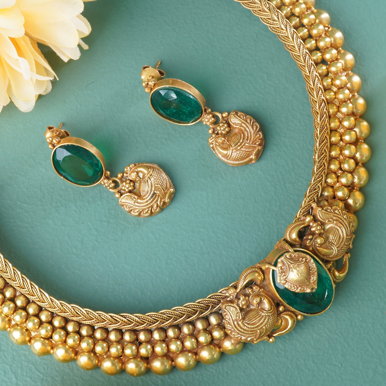 Antique Gold Plated Silver Kolhapuri Necklace With Green Stone