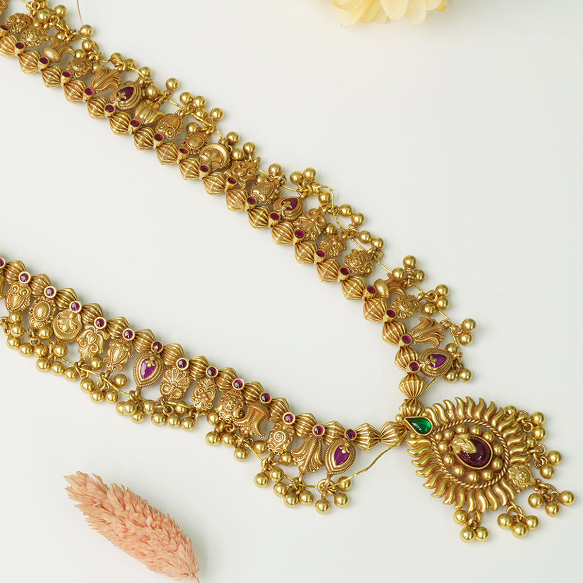Antique Gold Plated Pure 925 Silver Long Kolhapuri Saaj Necklace Design